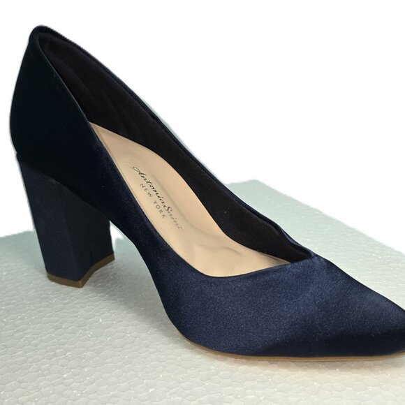 Antonia Saint NY Sweetheart Block Heel Navy Satin "Wedding" Shoes-8B - Picture 4 of 5